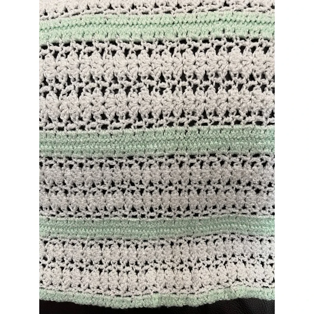 Handmade Crochet Baby Blanket Afghan Mint Green White Nursery Decor‎ 44